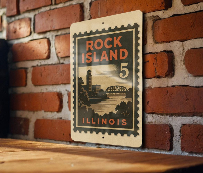 A vintage-style metal sign with the text "ROCK ISLAND 5 ILLINOIS" displayed on a brick wall.
