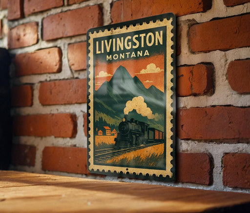 A vintage-style metal sign with a train and mountains in the background, mounted on a brick wall.