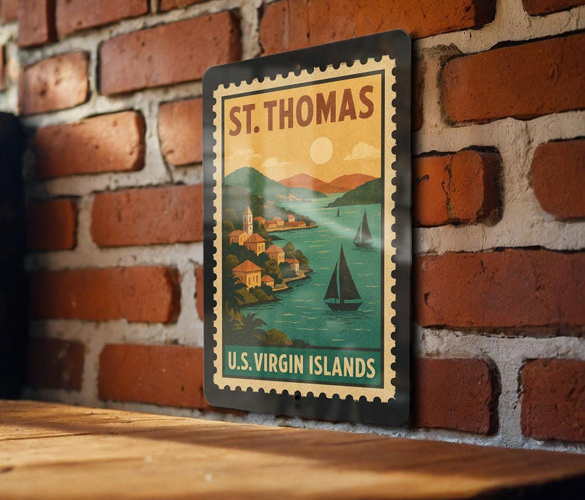 A vintage-style postage stamp depicting St. Thomas, the Virgin Islands, with a scenic landscape and two sailboats on the water.