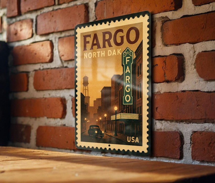 A vintage-style metal sign with the text "FARGO NORTH DAK" and a depiction of a city street at sunset, mounted on a brick wall.