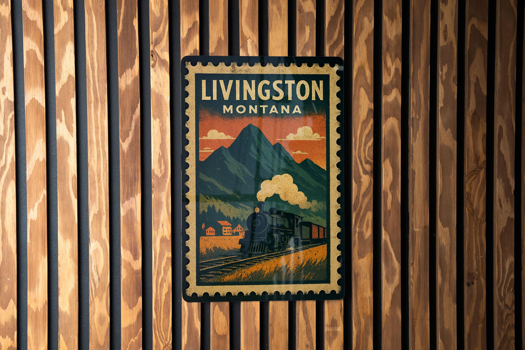 A vintage-style poster of Livingston, Montana, featuring a train and mountains in the background.