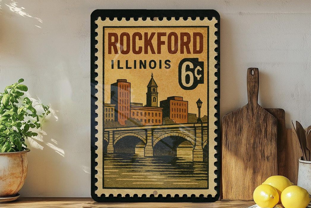 A framed vintage postage stamp depicting the Rockford, Illinois skyline, with a bridge and buildings, is displayed on a shelf next to a wooden cutting board and a potted plant.