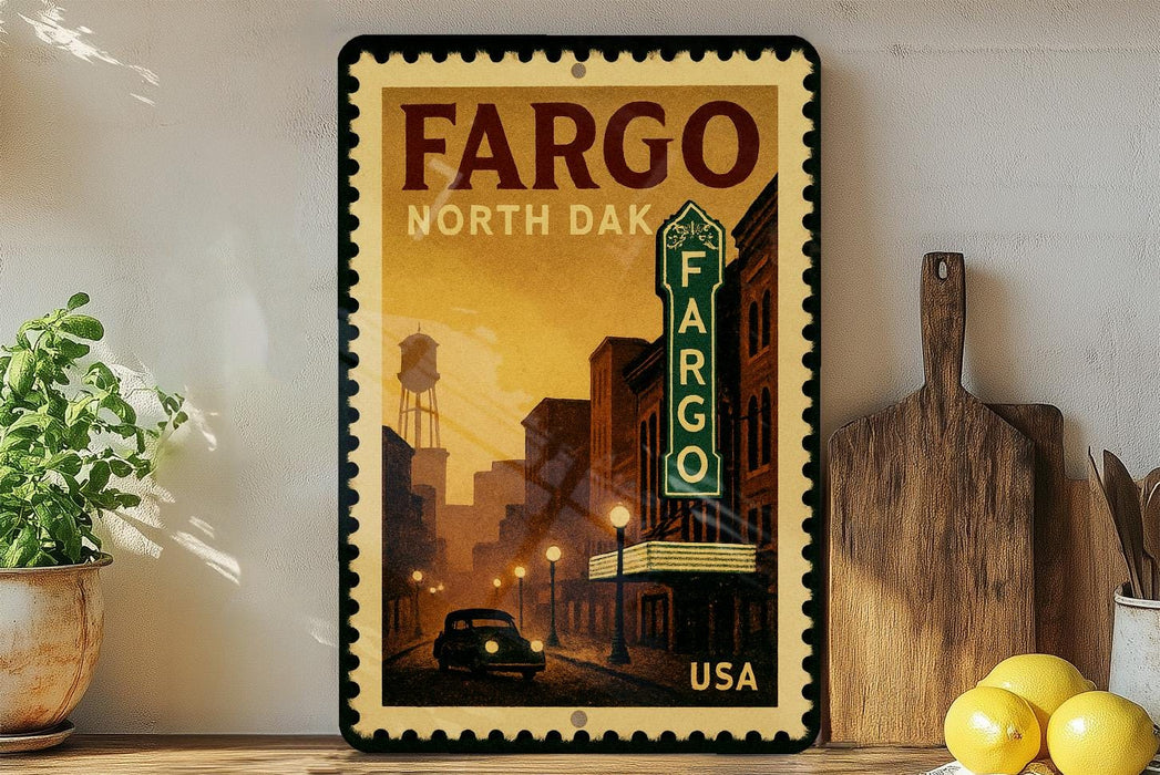a framed poster of a cityscape with a vintage-style sign for the Fargo, North Dakota theater, displayed on a shelf next to a wooden cutting board and some lemons.