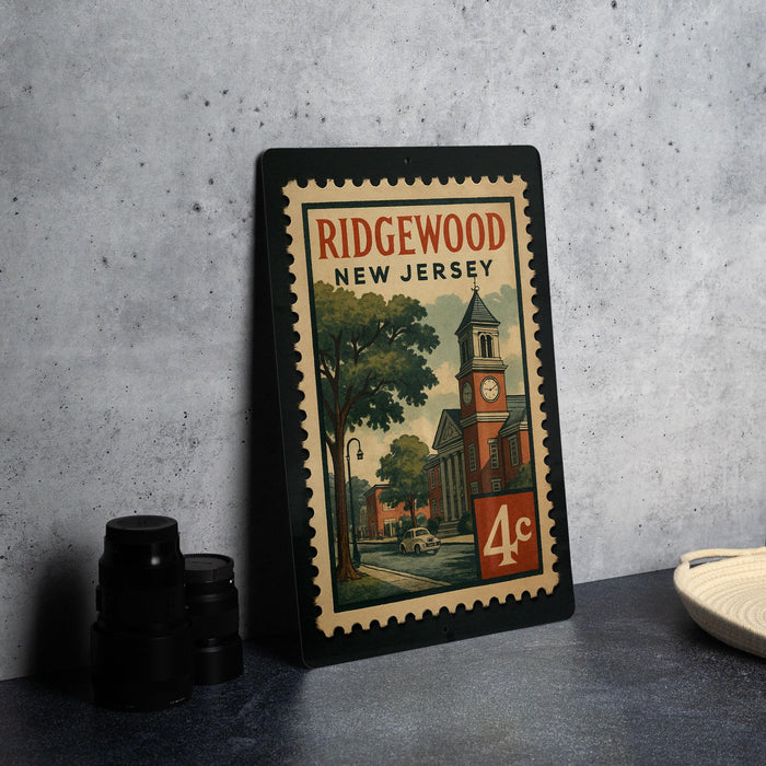 A framed poster of Ridgewood, New Jersey, featuring a street scene with a clock tower and a church, is displayed on a table.