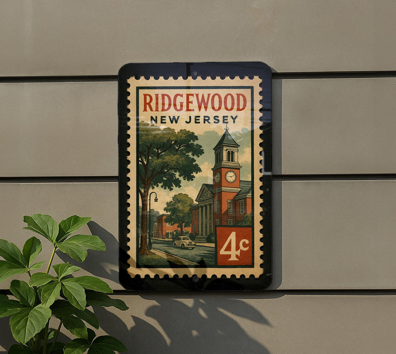 A vintage-style metal sign with a clock tower and a street scene, mounted on a wall.