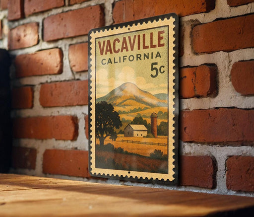 A vintage-style stamp depicting a rural landscape with a barn and mountains, mounted on a brick wall.