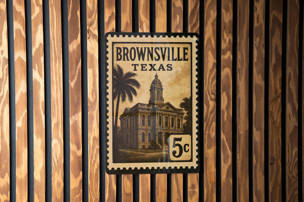 A brown and black stamp depicting a building with a palm tree, mounted on a wooden wall.