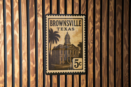 A brown and black stamp depicting a building with a palm tree, mounted on a wooden wall.