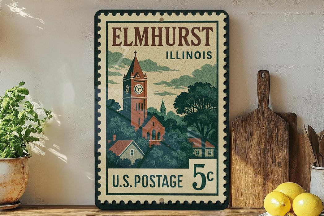 A vintage-style postage stamp from Elmhurst, Illinois, featuring a clock tower and a rural landscape, displayed on a shelf next to a wooden cutting board and some lemons.