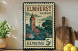 A vintage-style postage stamp from Elmhurst, Illinois, featuring a clock tower and a rural landscape, displayed on a shelf next to a wooden cutting board and some lemons.