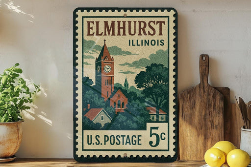 A vintage-style postage stamp from Elmhurst, Illinois, featuring a clock tower and a rural landscape, displayed on a shelf next to a wooden cutting board and some lemons.