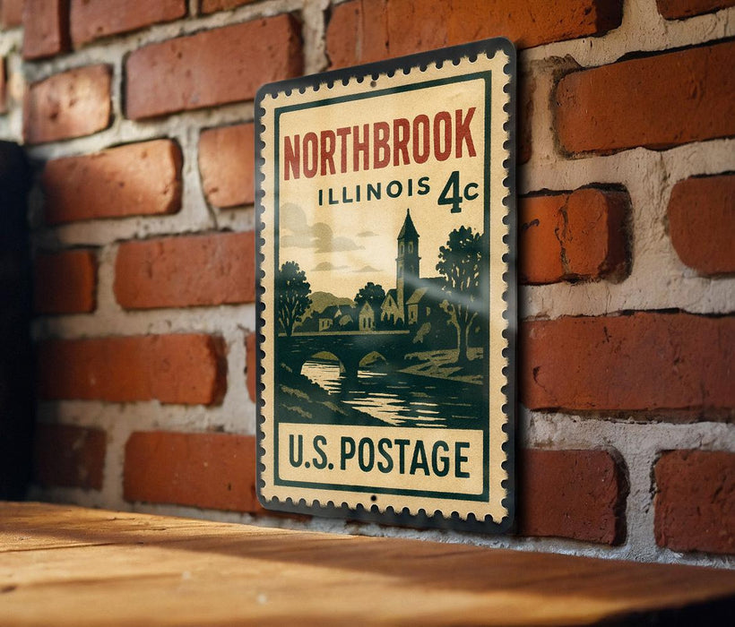 A vintage postage stamp from Illinois, featuring a scenic landscape with a bridge and a castle, is displayed on a brick wall.