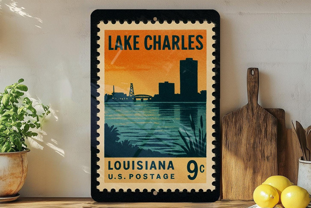 A framed vintage postage stamp depicting Lake Charles, Louisiana, with a silhouette of the city skyline and a body of water in the background.