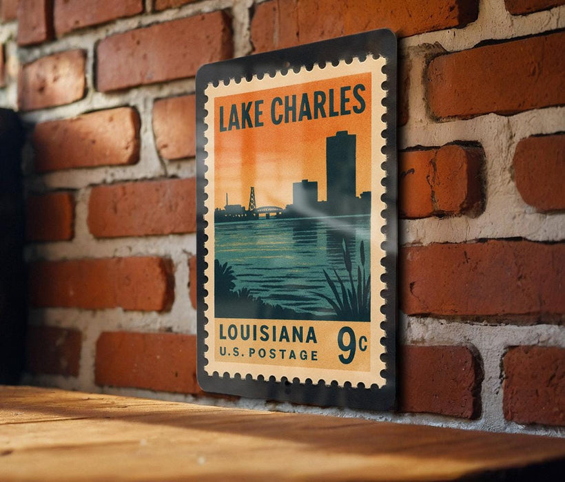 A vintage-style postage stamp from Louisiana, featuring a cityscape and water scene, is displayed on a brick wall.