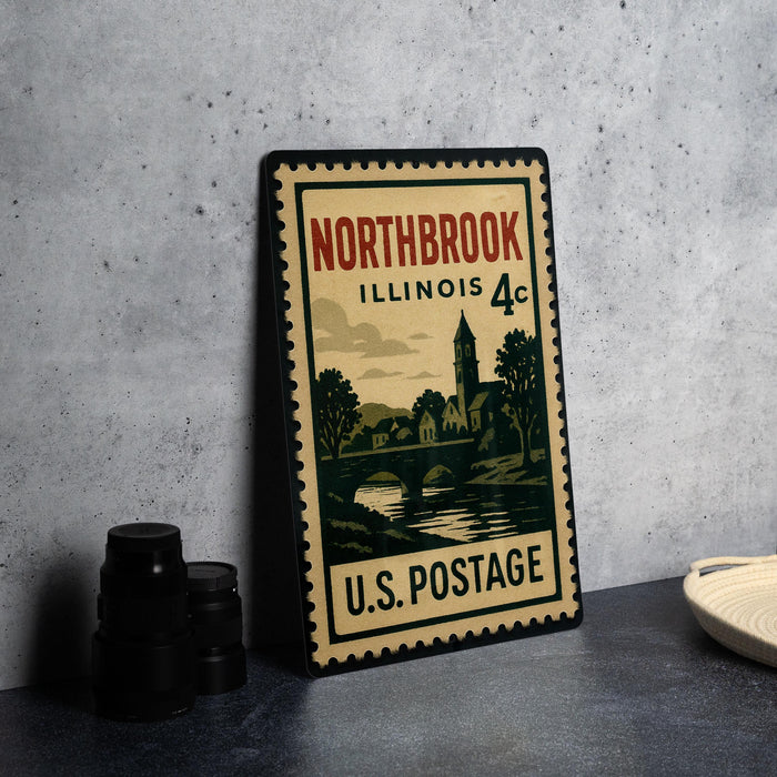 A vintage postage stamp from Illinois, featuring a scenic illustration of a town and a river, is displayed on a table.
