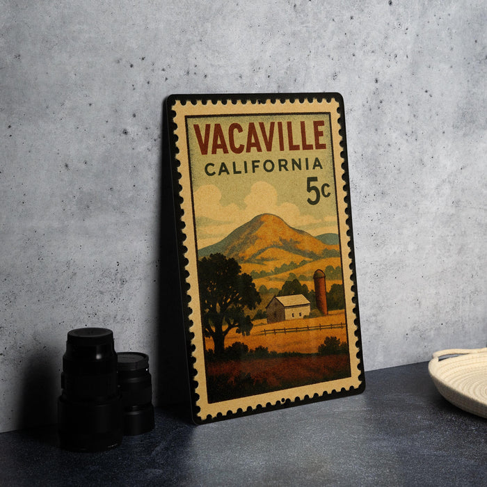 A vintage-style stamp depicting a rural landscape with a farm and mountains in the background, placed on a countertop next to some black camera lenses.