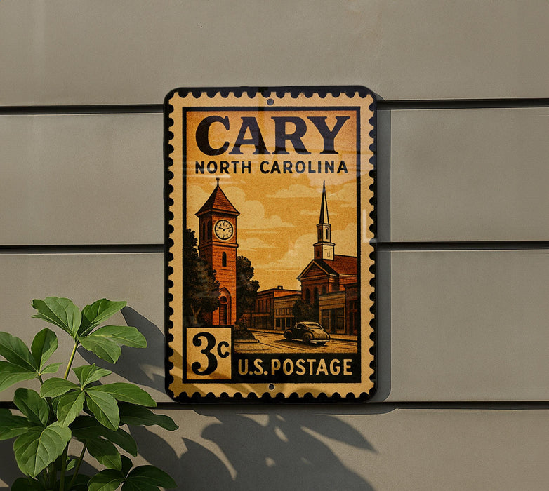 A vintage-style postage stamp from North Carolina, featuring a clock tower and church, mounted on a wall.