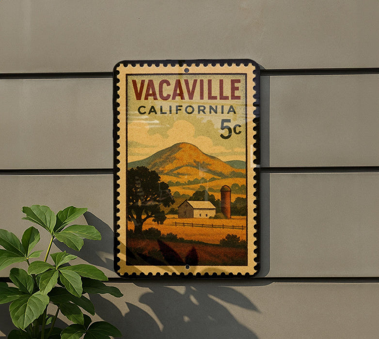 A vintage California 5¢ postage stamp from Vacaville, California, featuring a rural landscape with a barn and mountains in the background.