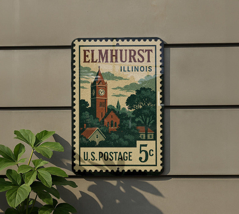 A vintage postage stamp from Illinois, featuring a clock tower and other buildings, is displayed on a wall.