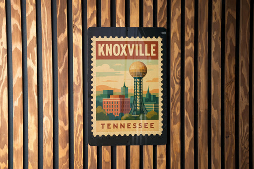 A vintage-style postage stamp depicting the Knoxville, Tennessee skyline, with the text "KNXVILLE TENNESSEE" prominently displayed.