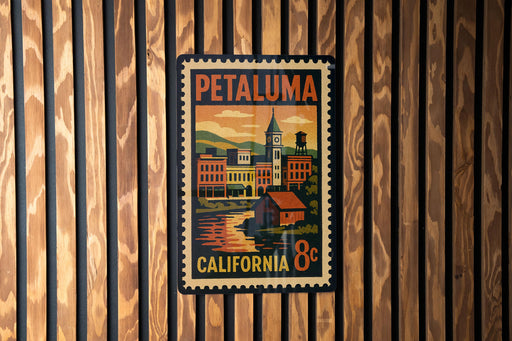 A vintage-style postage stamp from California, featuring a cityscape and a clock tower, is displayed on a wooden wall.