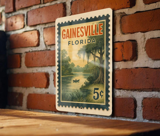 A vintage Florida postage stamp depicting a serene landscape with a river, trees, and a boat, mounted on a brick wall.