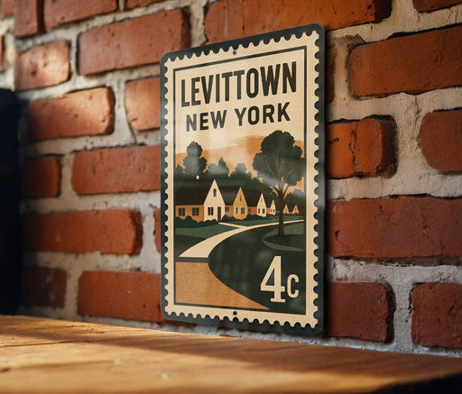 A metal sign with the text "LEVITOWN NEW YORK" and a graphic of a street and houses, mounted on a brick wall.