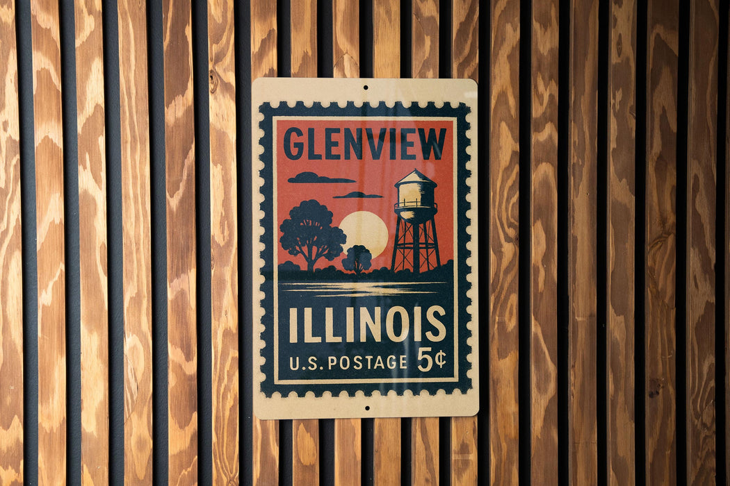 A vintage postage stamp from the United States of America, featuring a water tower and trees, is displayed on a wooden wall.