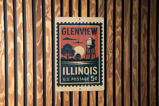 A vintage postage stamp from the United States of America, featuring a water tower and trees, is displayed on a wooden wall.
