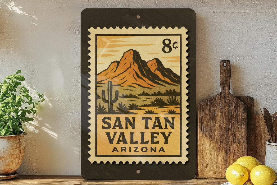 a framed poster of a desert landscape with mountains, a cactus, and a lemon tree, along with a price stamp.