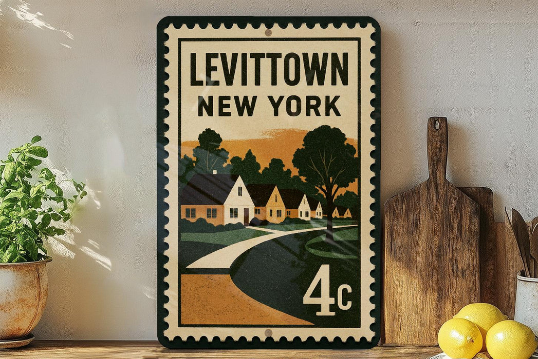 A framed poster of Levitown, New York, with a vintage-style illustration of houses and a road, displayed on a shelf next to a wooden cutting board and some lemons.