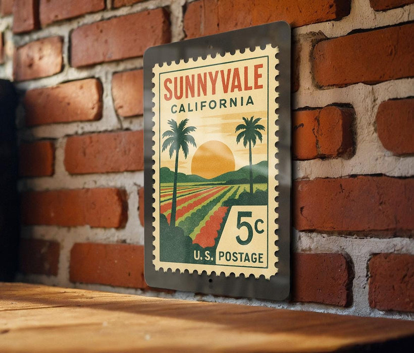 A vintage-style postage stamp from Sunnyvale, California, featuring a palm tree and a sunset landscape.