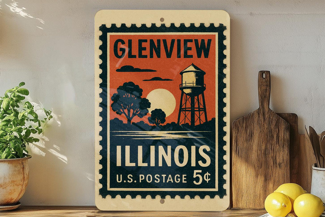 A vintage postage stamp from Illinois, featuring a water tower and a sunset landscape, is displayed on a shelf next to a wooden cutting board and some lemons.