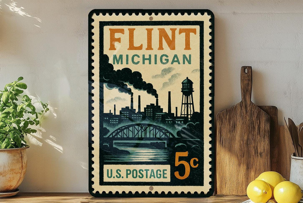 A vintage postage stamp from Flint, Michigan, featuring a cityscape and steam rising from a bridge, with the text "FLINT MICHIGAN 5¢ U.S. POSTAGE".