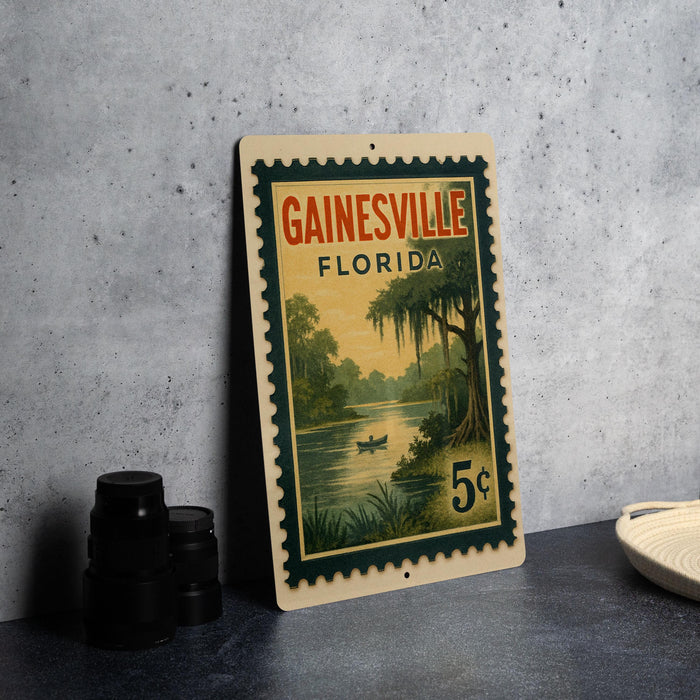 A vintage Florida postage stamp featuring a scenic landscape with a river, boat, and trees, placed on a gray countertop next to some black camera lenses.
