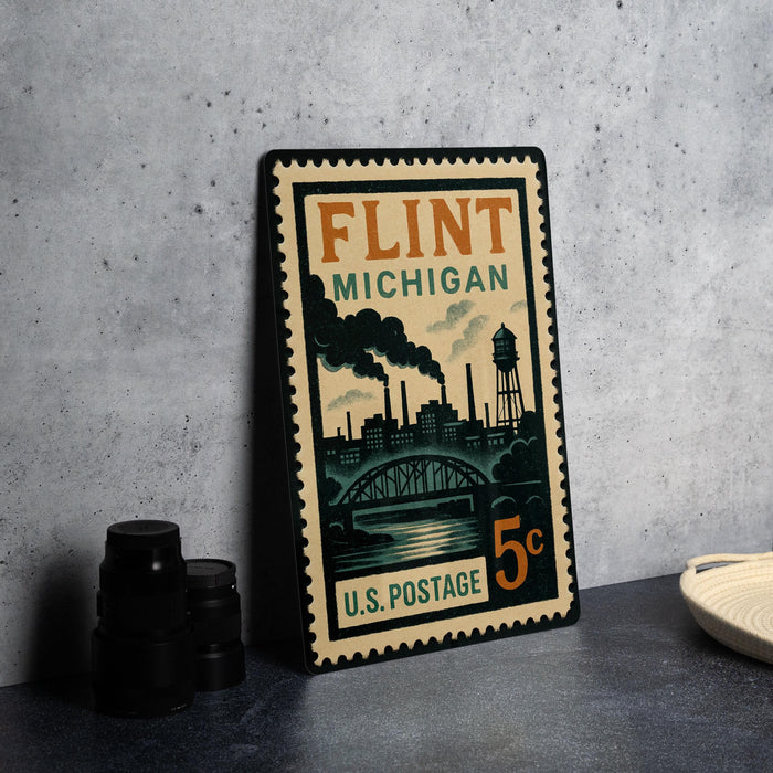 A vintage postage stamp from Michigan, featuring an illustration of a city skyline with steam rising from a bridge.