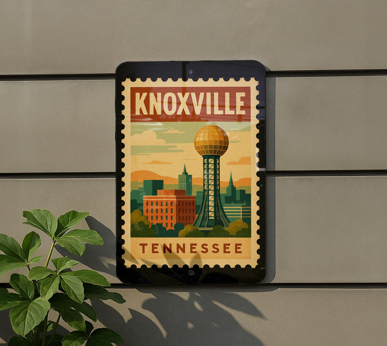 A sign depicting the Knoxville, Tennessee skyline, featuring the iconic Tennessee Water Tower, is mounted on a wall.