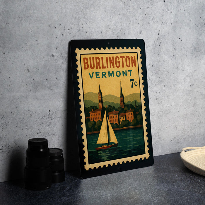 A vintage postage stamp from Vermont, featuring a sailboat on a river, is displayed on a table.