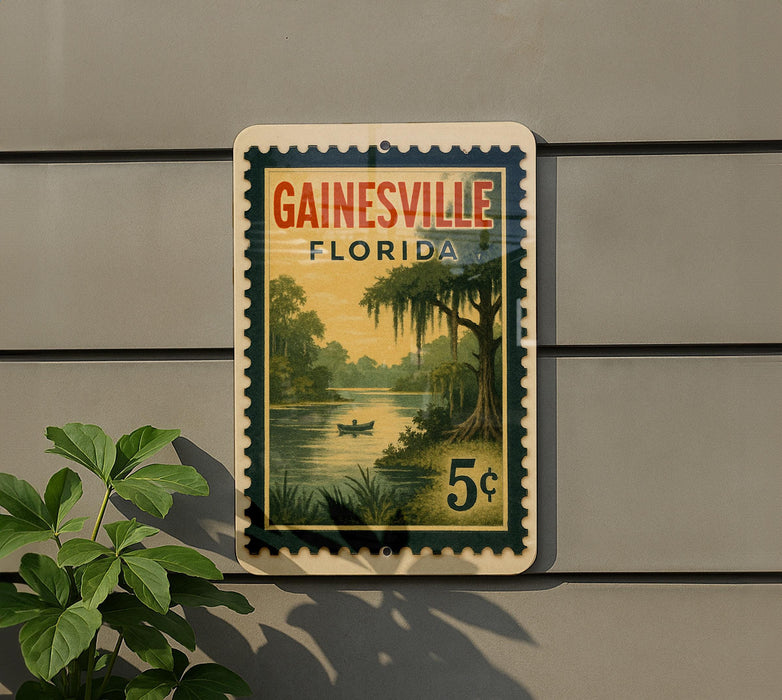 A vintage Florida postage stamp depicting a serene landscape with a river, palm trees, and a small boat, mounted on a wall.