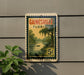 A vintage Florida postage stamp depicting a serene landscape with a river, palm trees, and a small boat, mounted on a wall.