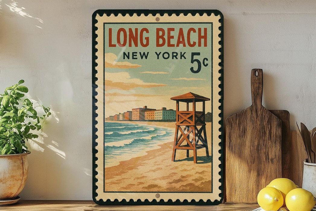 A vintage-style poster of Long Beach, New York, featuring a lifeguard tower and a beach scene, is displayed on a wall next to a wooden cutting board and a potted plant.