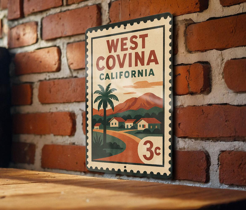 A vintage-style metal sign with the text "WEST COVINA CALIFORNIA" and a palm tree illustration, mounted on a brick wall.