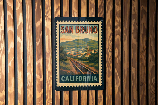 A vintage-style postage stamp from San Bruno, California, featuring a scenic landscape with train tracks and a small town in the background.
