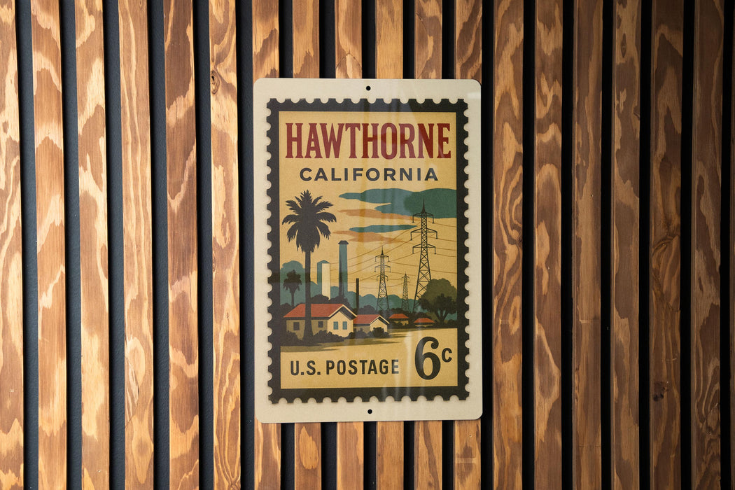 A vintage U.S. postage stamp from Hawthorne, California, featuring a palm tree and other landscape elements.