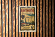 A vintage U.S. postage stamp from Hawthorne, California, featuring a palm tree and other landscape elements.