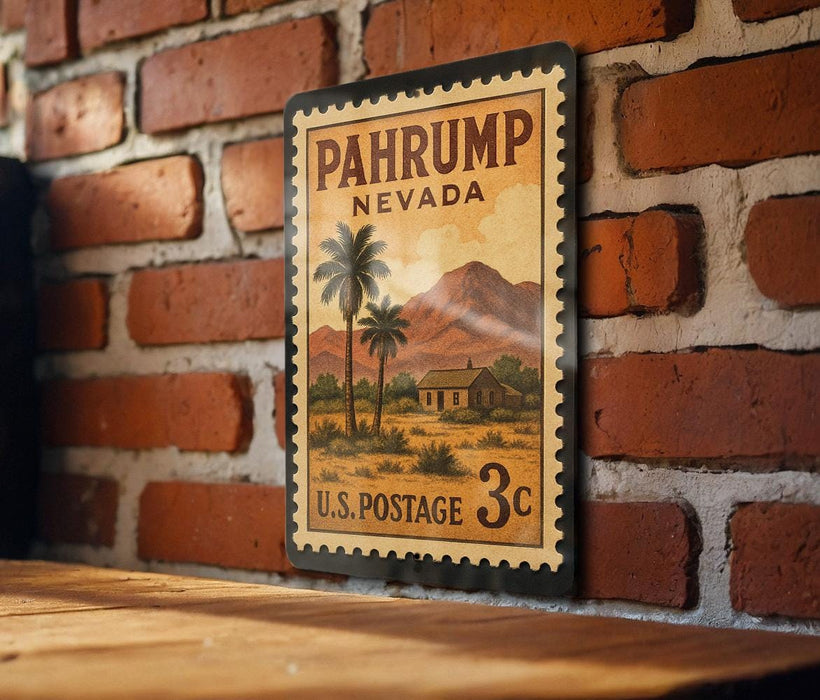 A vintage-style postage stamp from Nevada, featuring a palm tree and a house, is displayed on a brick wall.