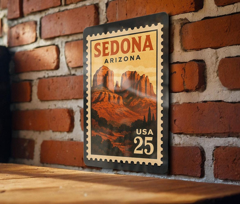 A vintage-style postage stamp from the United States of America, featuring the iconic landscape of Sedona, Arizona.