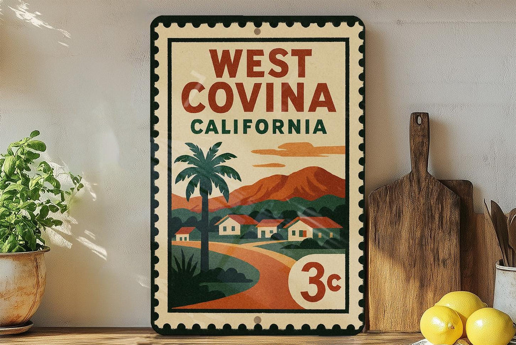 A vintage-style metal sign with a tropical landscape and text, placed on a wooden surface next to a wooden cutting board and some lemons.