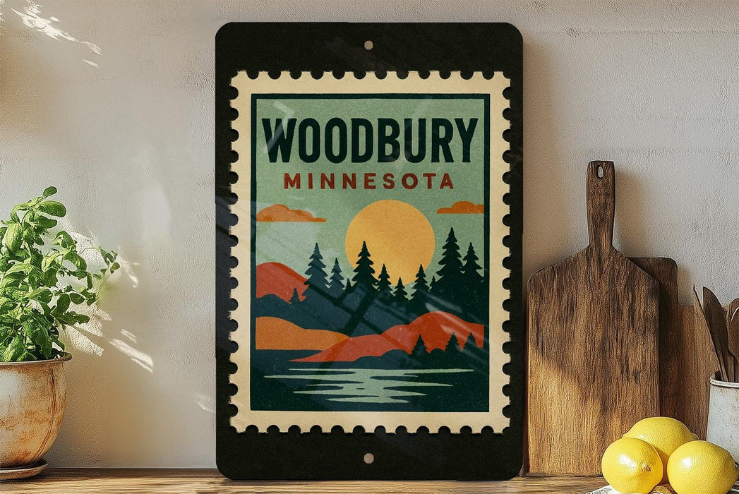 A framed poster of a scenic landscape with a sunset and pine trees, displayed on a shelf next to a wooden cutting board and a potted plant.