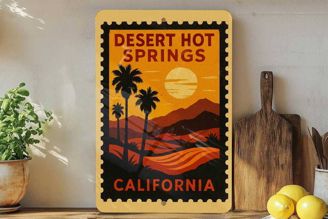 A vintage-style metal sign for Desert Hot Springs, California, featuring a palm tree and sunset landscape.